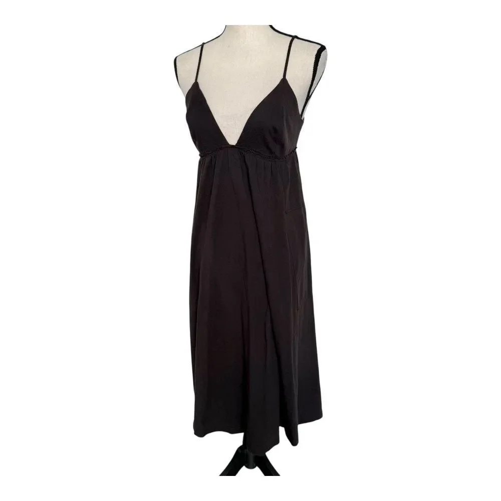 Free People Beach Black A-line Spaghetti Strap Deep V-Neck Midi Dress Womens S